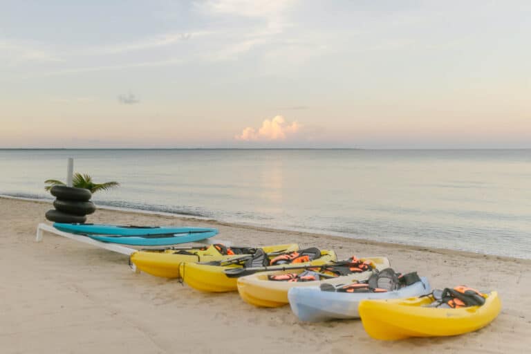 Kayaks lined up on the Caribbean beachfront at The Resort at Almond Beach, Hopkins Village, Stann Creek District, Southern Belize